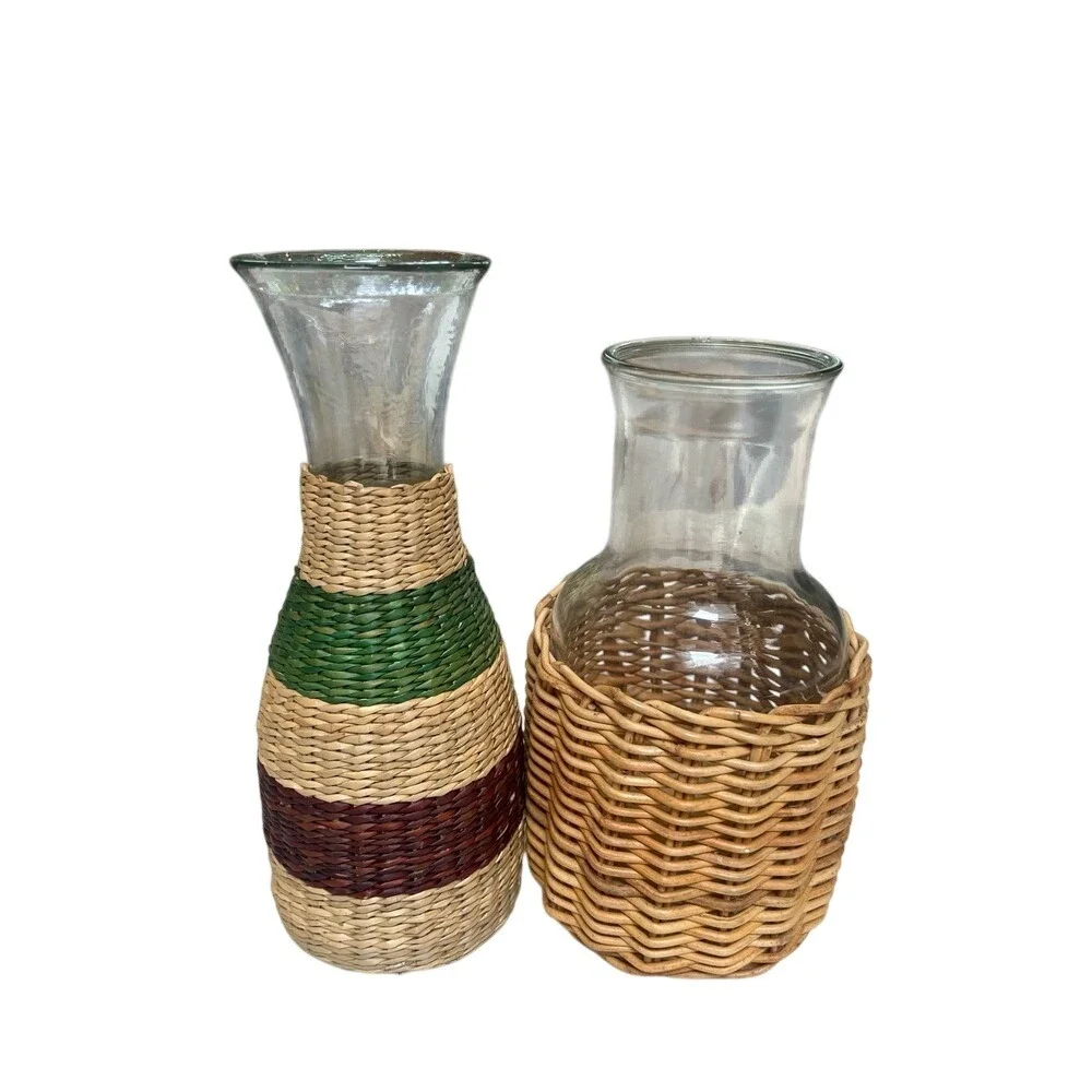 Vintage Woven Seagrass‎ Glass Vase Set Boho Wicker Wrapped Carafe Decor 2pc